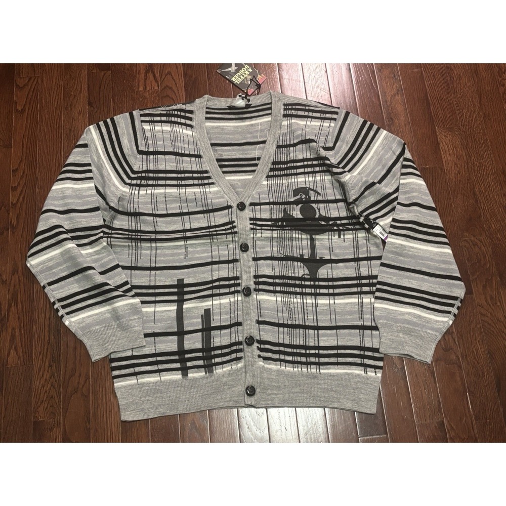 Artful Dodger Cardigan Men‎ XXL Gray Black Stripe Graphic Wool MSRP $148